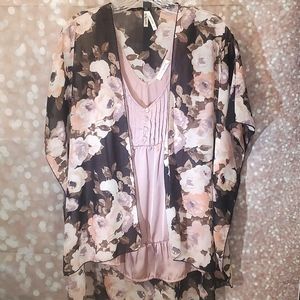 Black floral kimono and rose camisole
